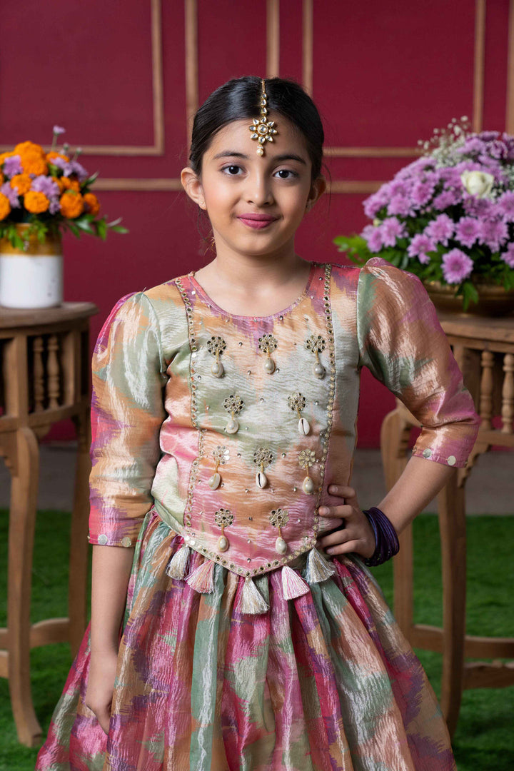 Shimmering Pastel Embroidered Top and Lehenga Set with Matching Potli Bag