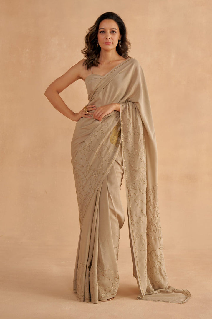 Warm Grey Crepe Silk Saree with Zardozi Embroidery
