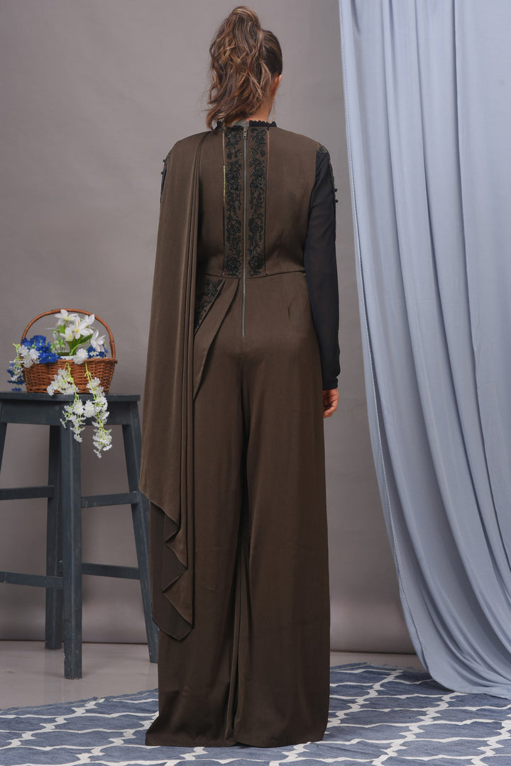 Olive Green and Black Satin Embroidered Jumpsuit