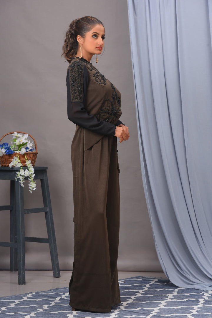 Olive Green and Black Satin Embroidered Jumpsuit