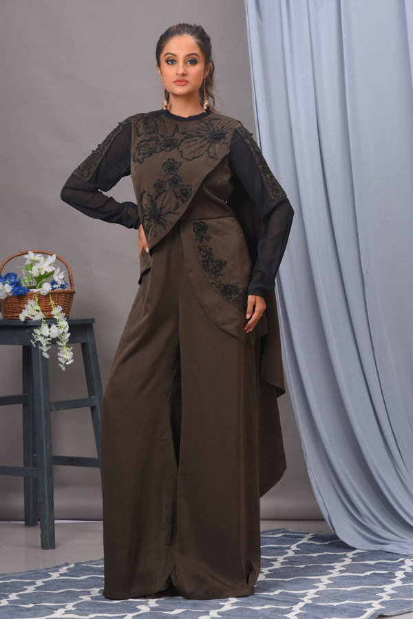 Olive Green and Black Satin Embroidered Jumpsuit