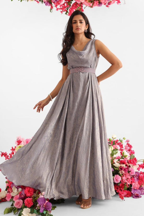 Shimmer Cowl Neck Gown