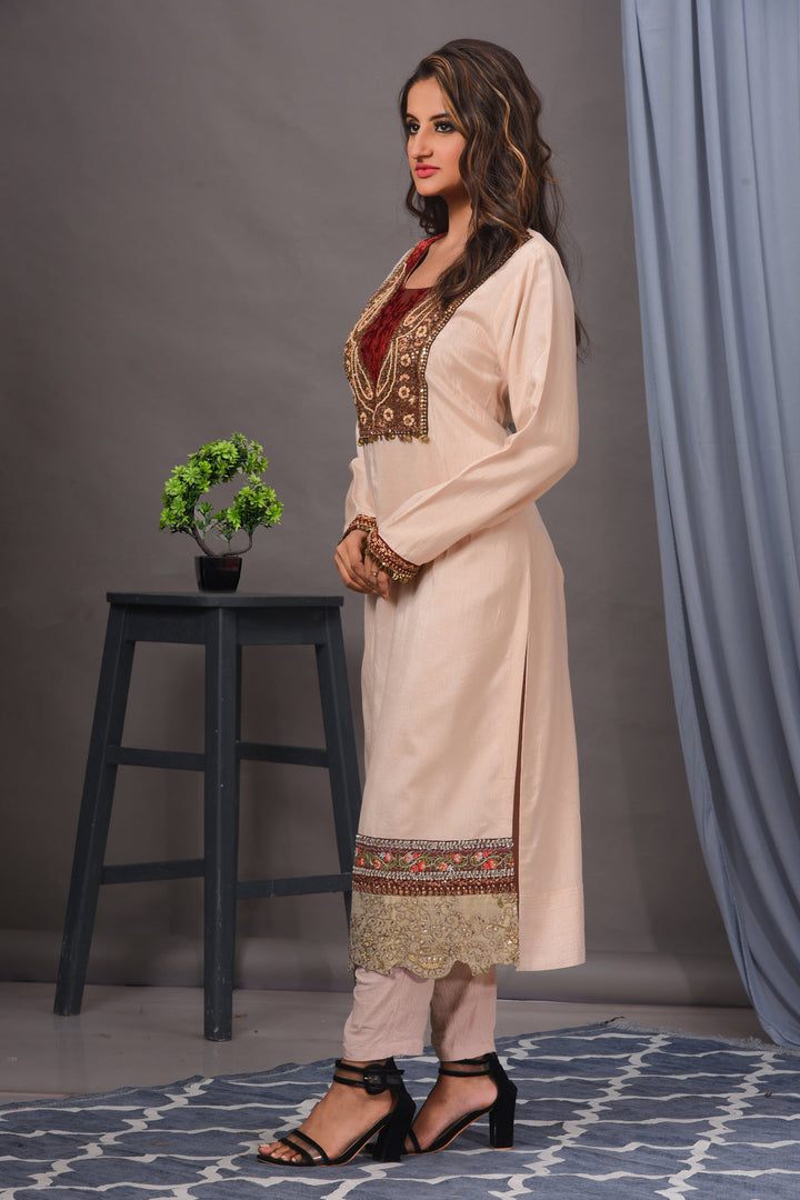 Light Peach Bamberg Silk Embroidered Straight Kurta Set