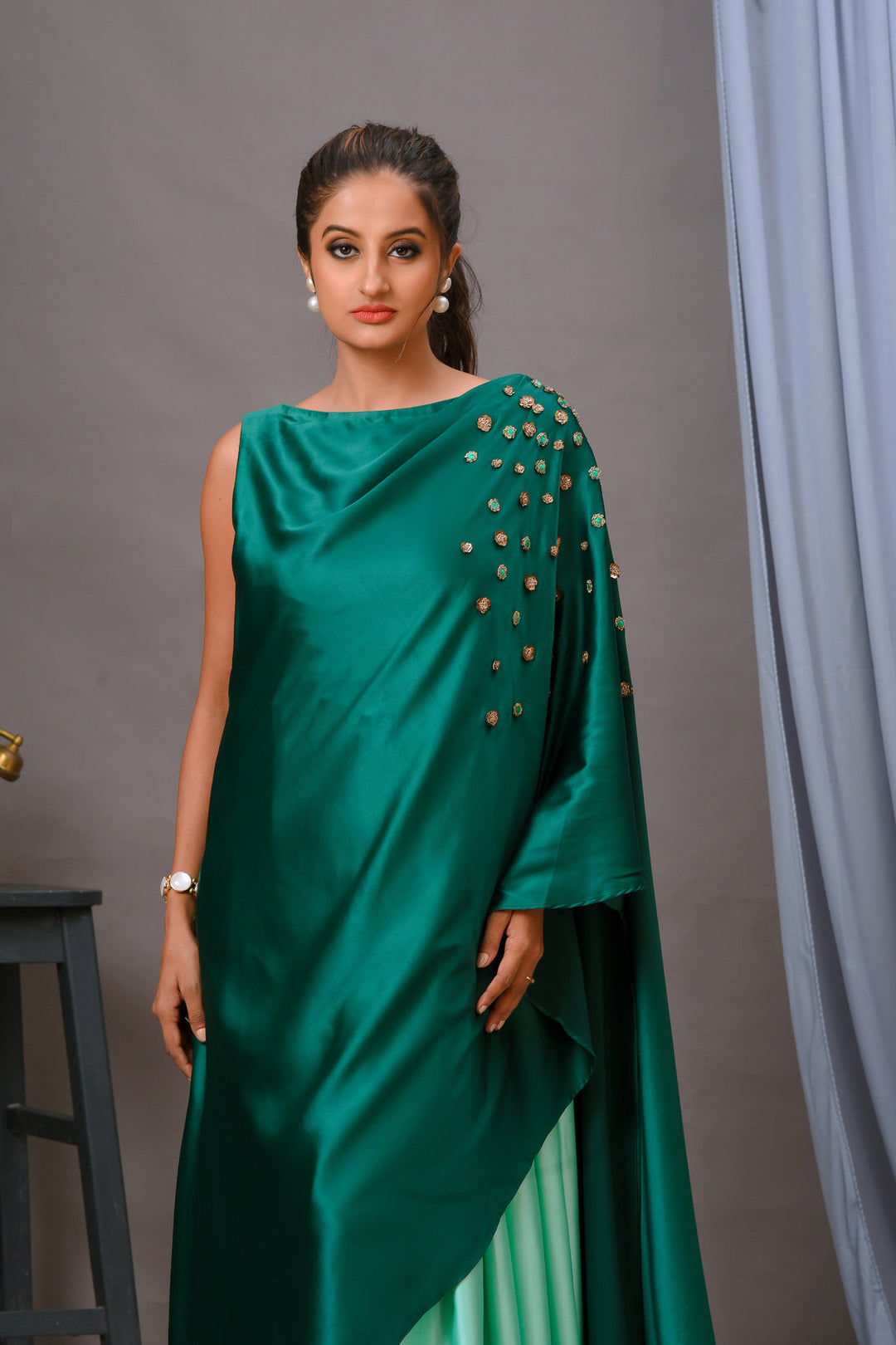 Turquoise Green Satin Cape Gown