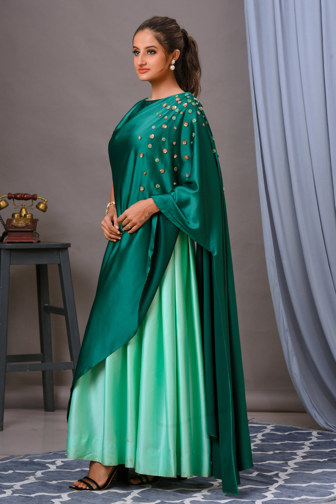 Turquoise Green Satin Cape Gown