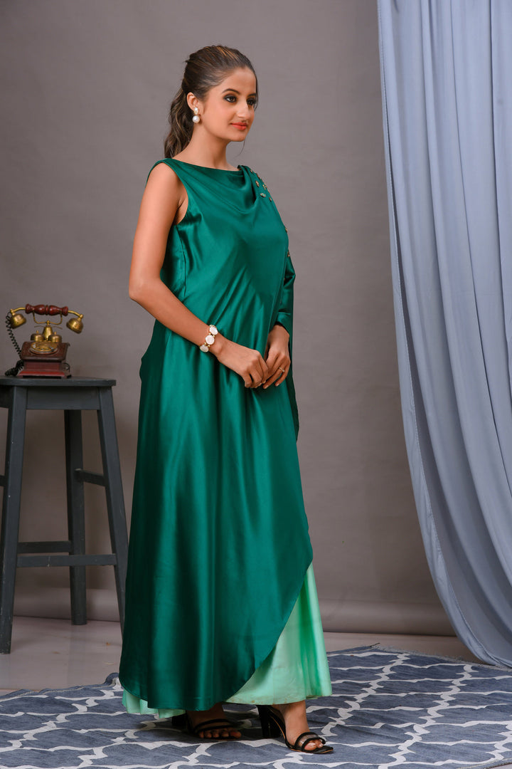 Turquoise Green Satin Cape Gown