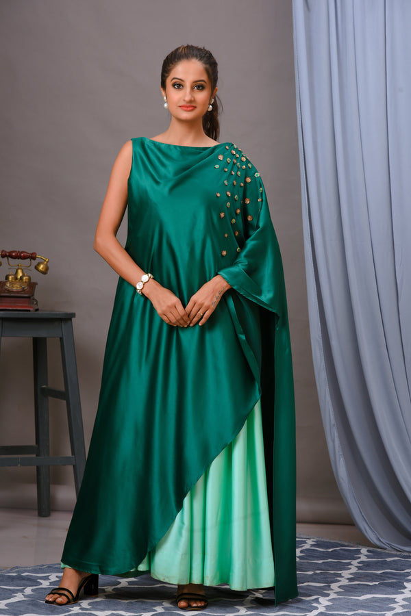 Turquoise Green Satin Cape Gown