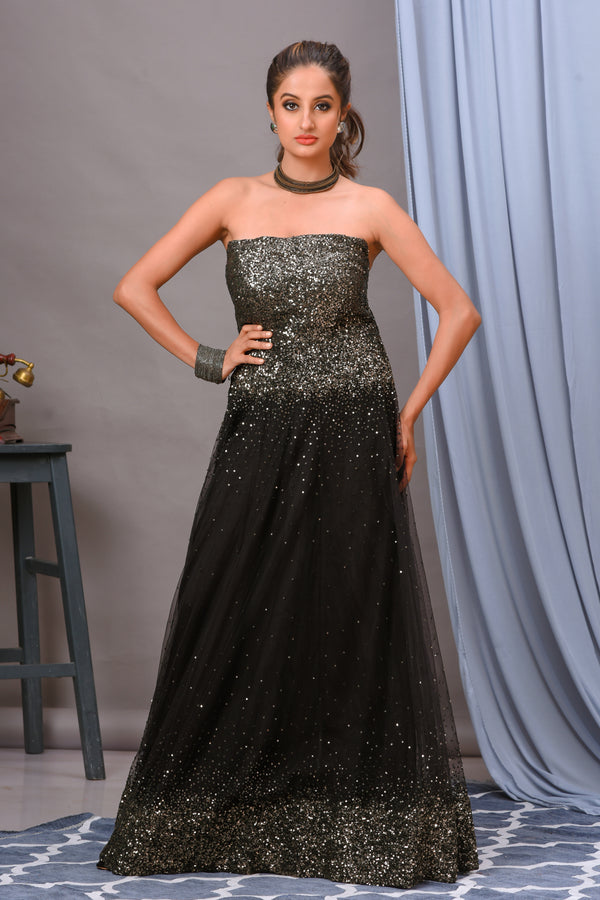Black Net Sequin Embellished Off Shoulder Gown