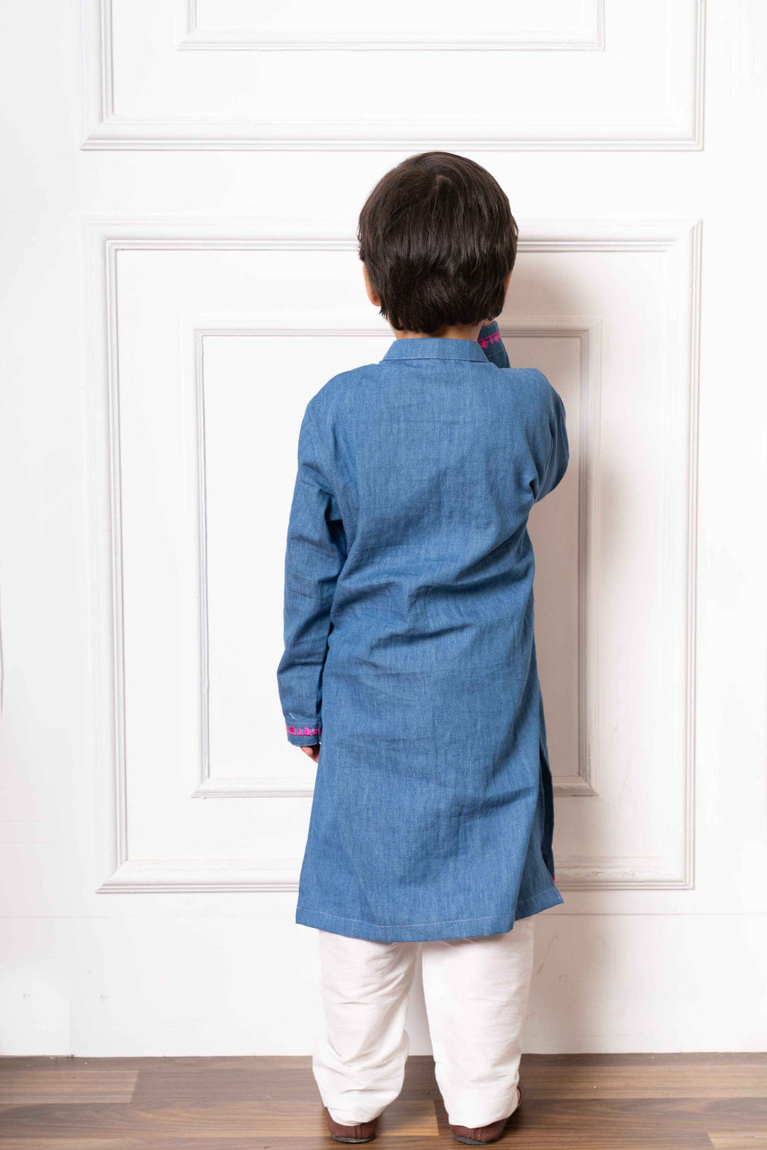 Blue Soft Denim Kurta with Pink Embroidery and White Pants
