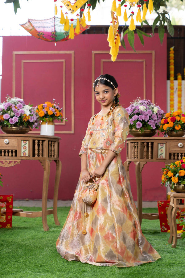 Orange & Mustard Yellow Tissue Silk Lehenga