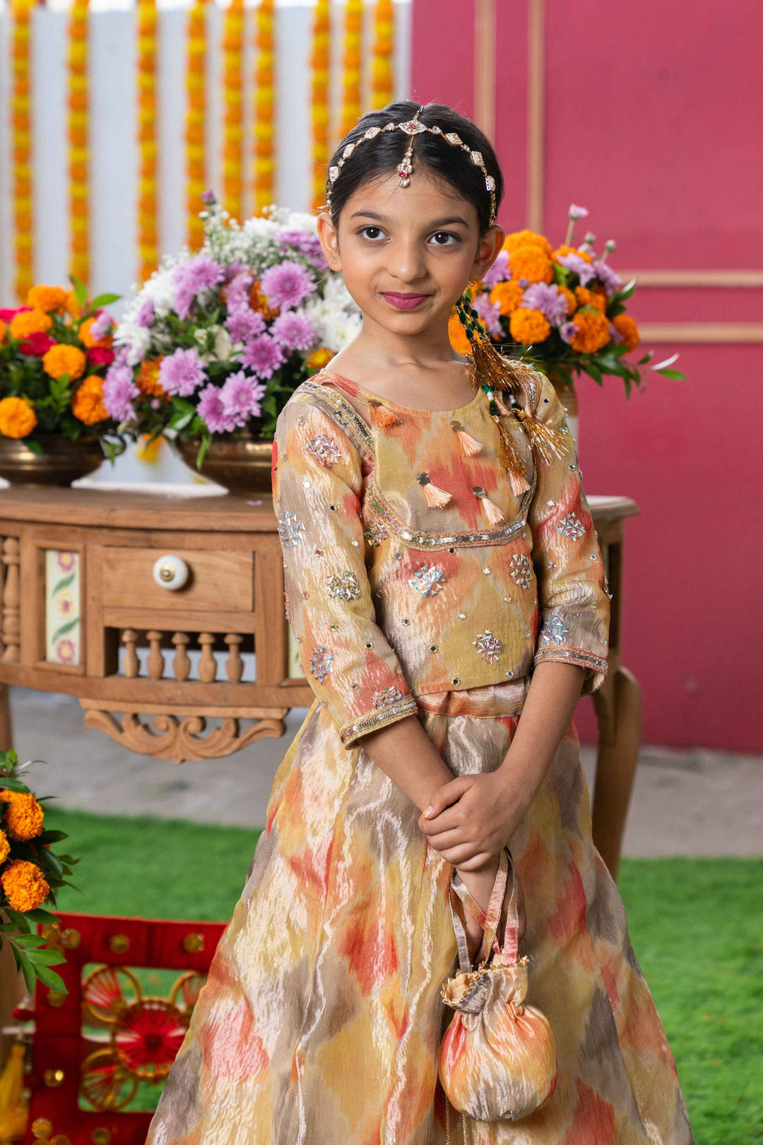 Orange & Mustard Yellow Tissue Silk Lehenga