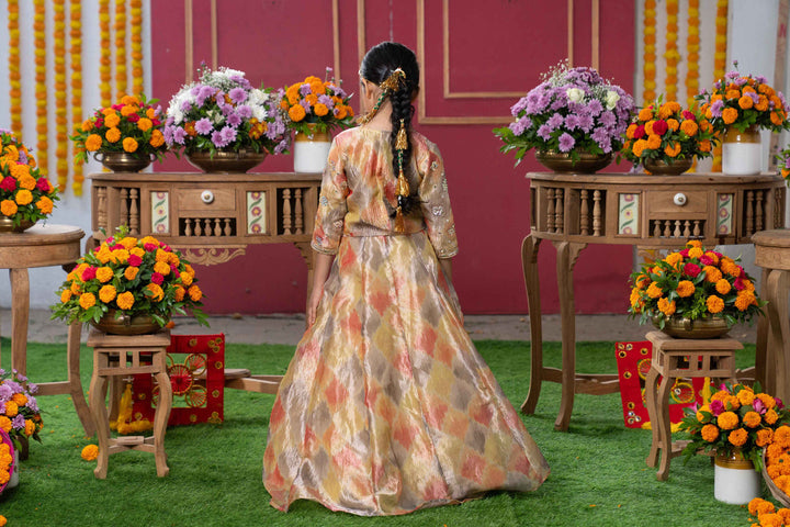 Orange & Mustard Yellow Tissue Silk Lehenga