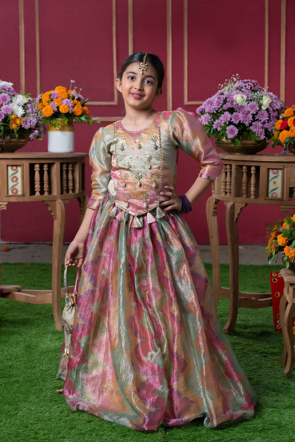 Shimmering Pastel Embroidered Top and Lehenga Set with Matching Potli Bag