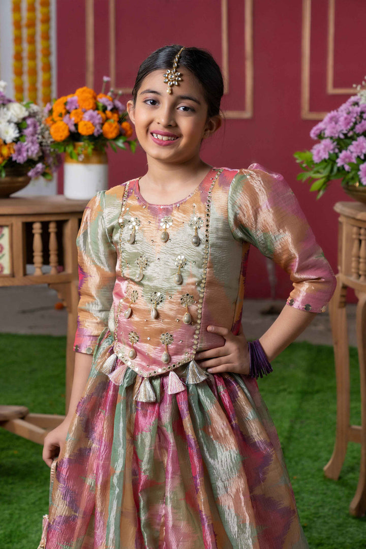 Shimmering Pastel Embroidered Top and Lehenga Set with Matching Potli Bag