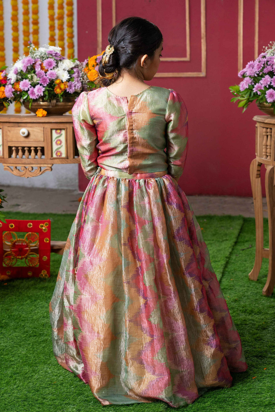 Shimmering Pastel Embroidered Top and Lehenga Set with Matching Potli Bag