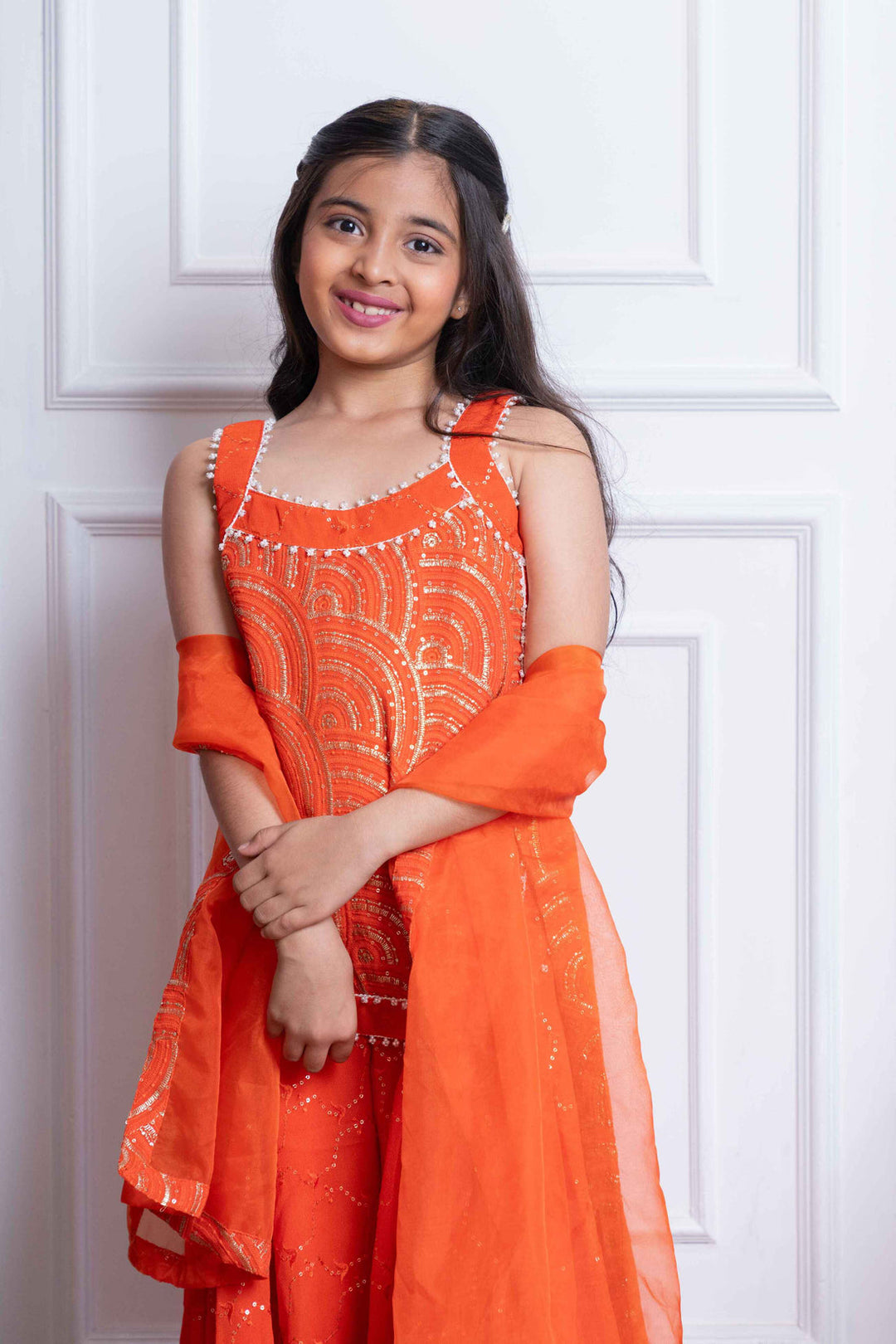 Orange Georgette Embroidered Lehenga