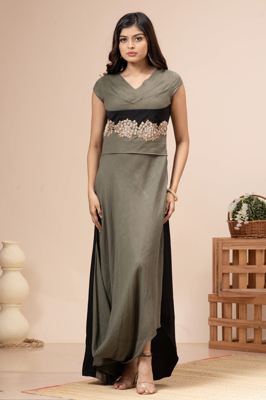 Olive Green Linen Cotton Pleated Cowl Gown