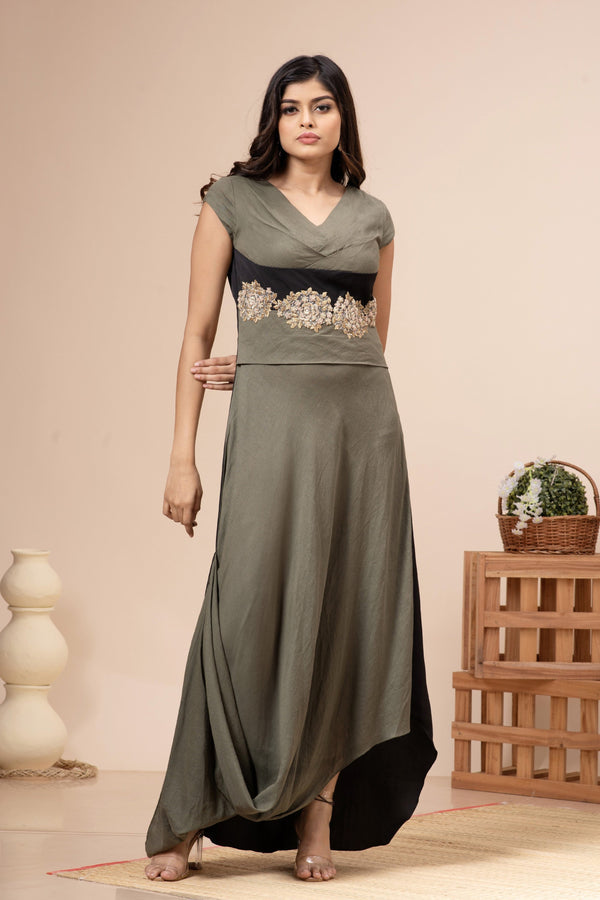 Olive Green Linen Cotton Pleated Cowl Gown