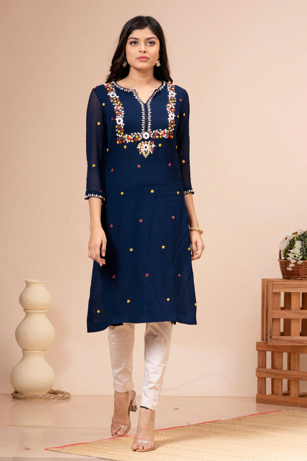 Royal Blue Georgette Floral Hand Embroidered
