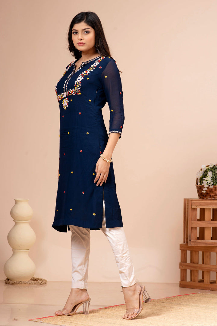 Royal Blue Georgette Floral Hand Embroidered