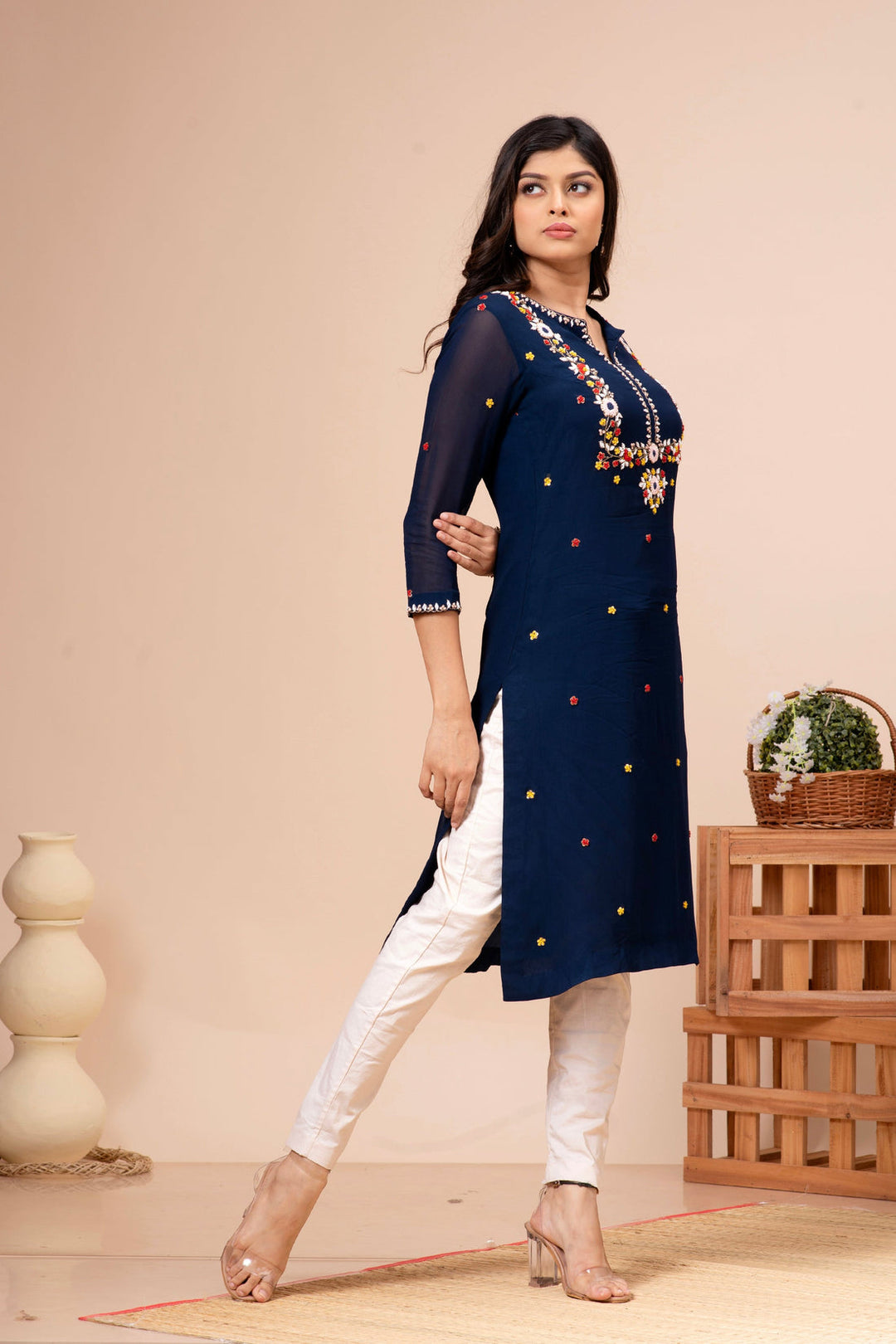 Royal Blue Georgette Floral Hand Embroidered