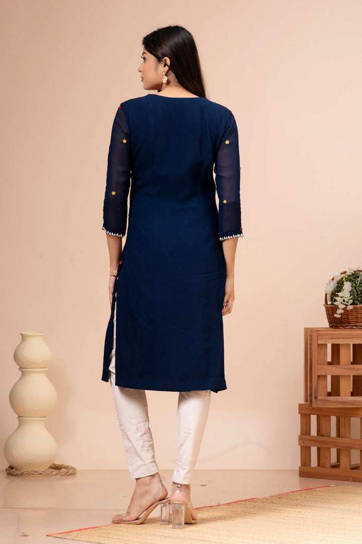 Royal Blue Georgette Floral Hand Embroidered