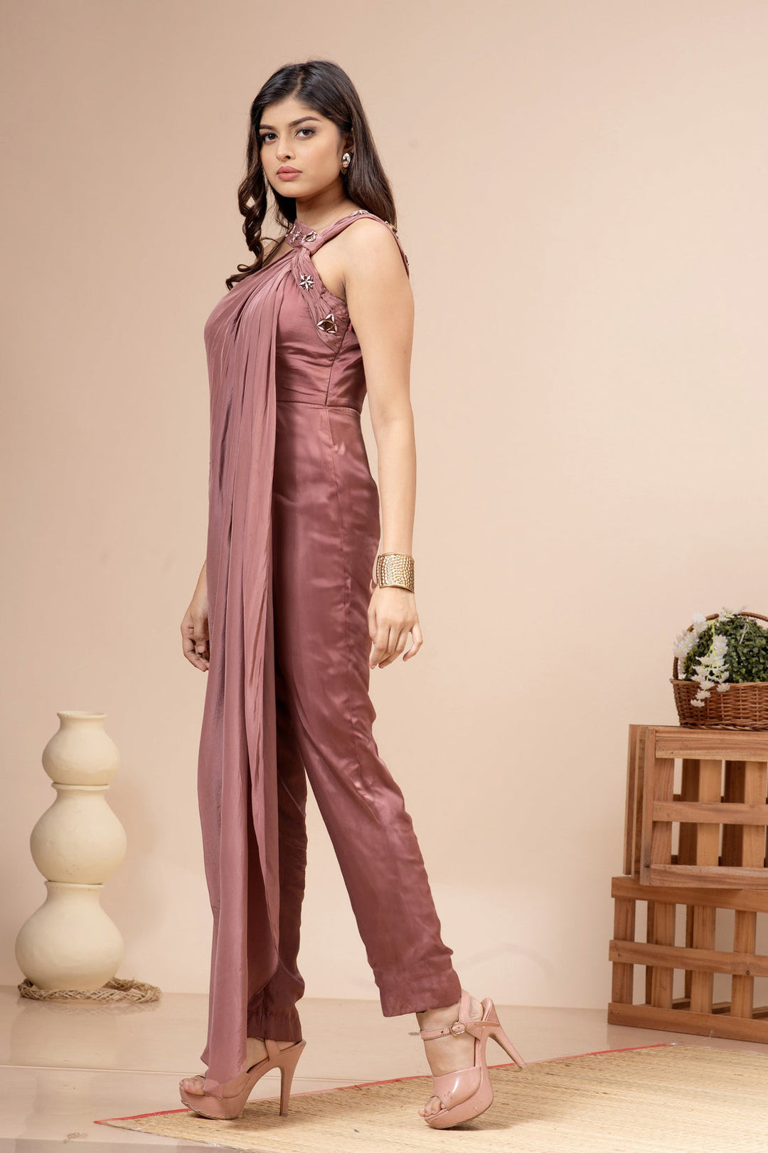 Dusty Pink Satin Jumpsuit with Stone Work