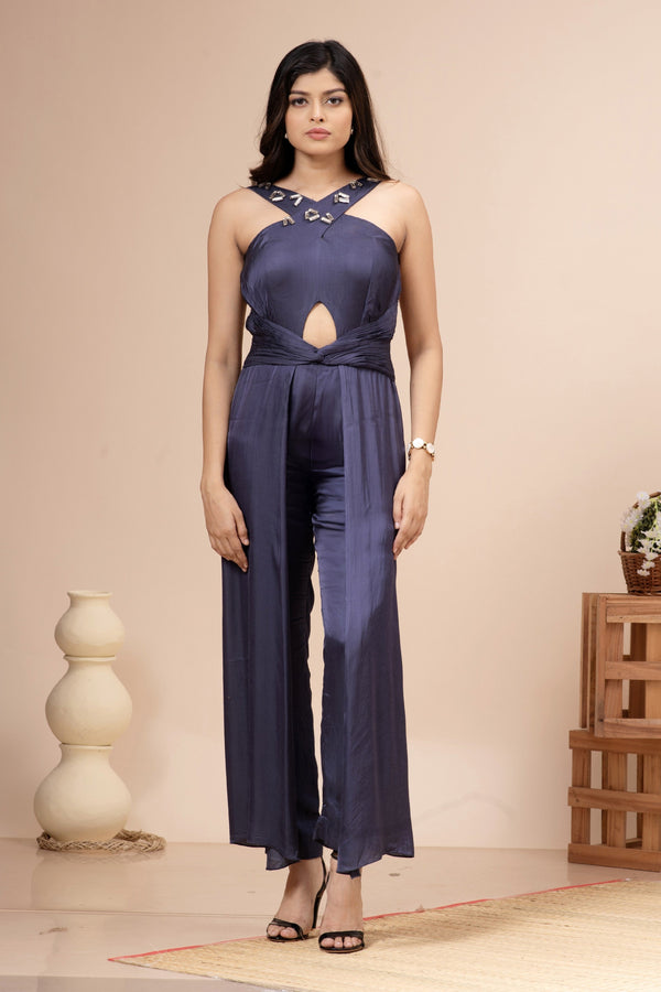 Navy Blue Satin Halter Neck Jumpsuit with Stone Work