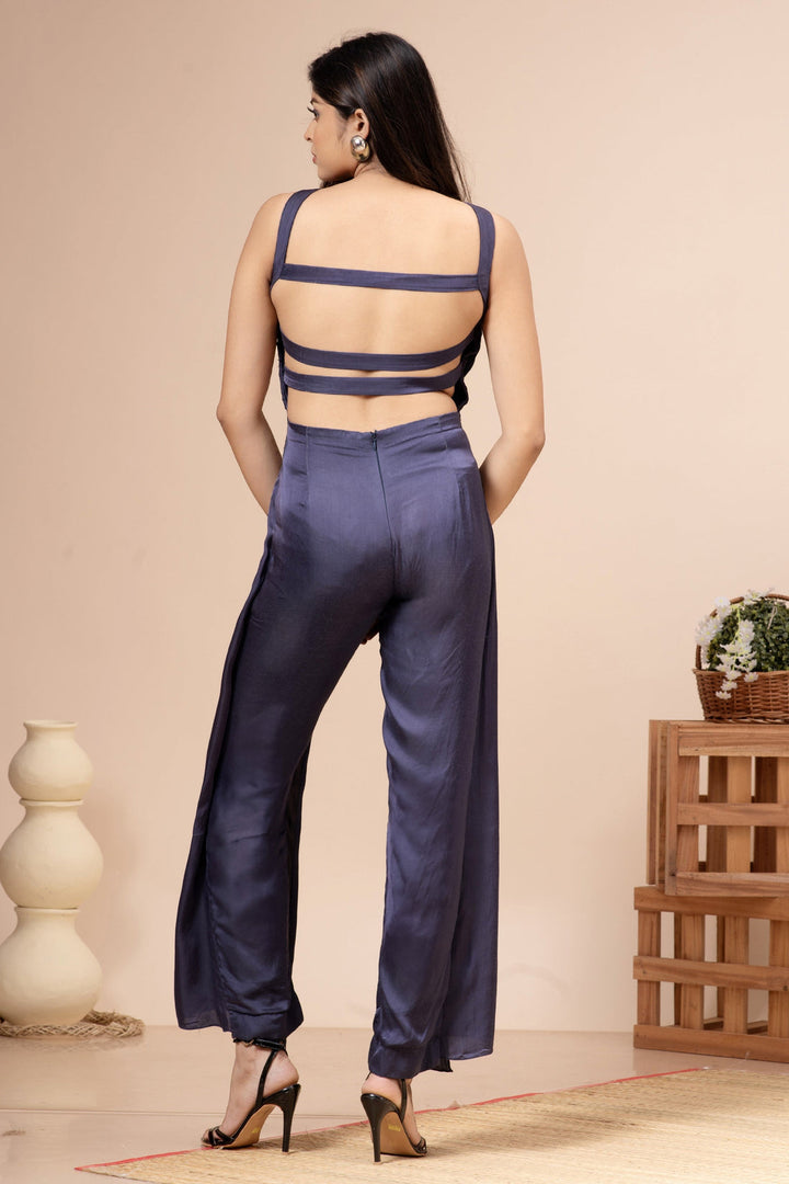 Navy Blue Satin Halter Neck Jumpsuit with Stone Work
