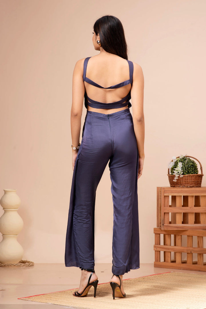 Navy Blue Satin Halter Neck Jumpsuit with Stone Work