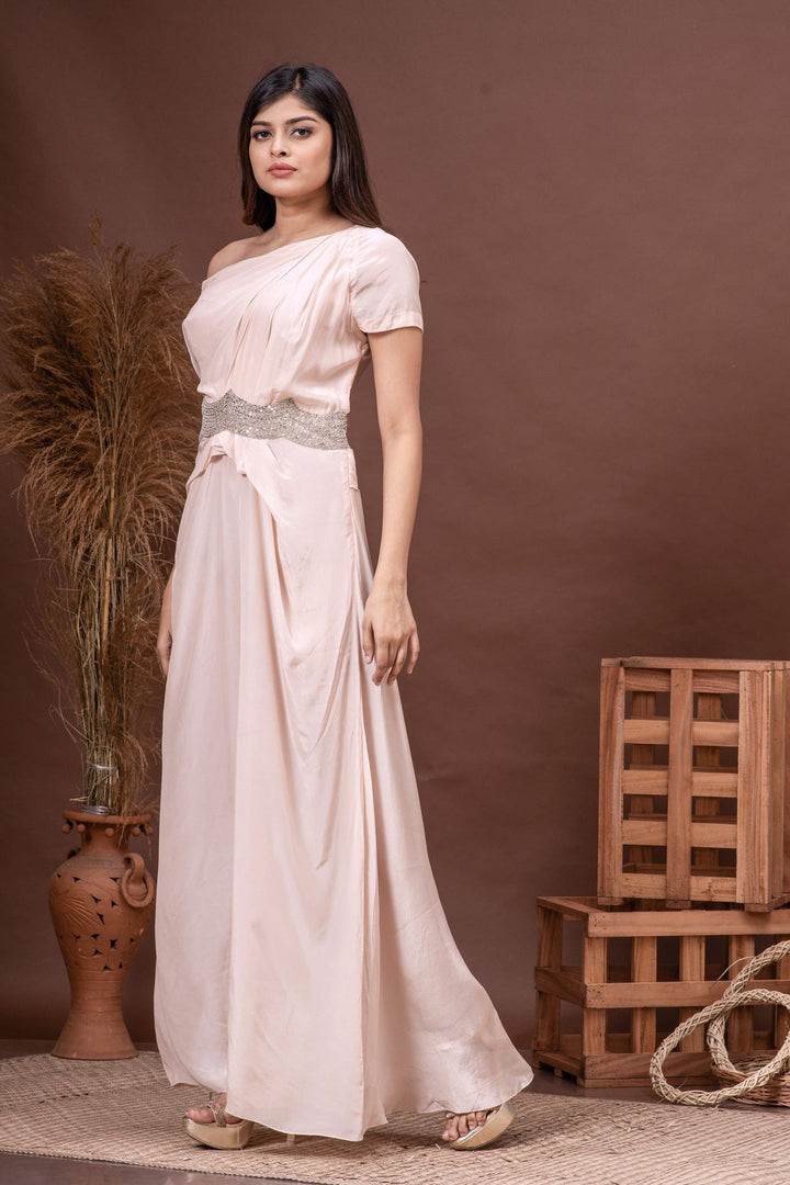 Champagne Pink Drop Shoulder Habutai Silk Hand Embroidered Gown