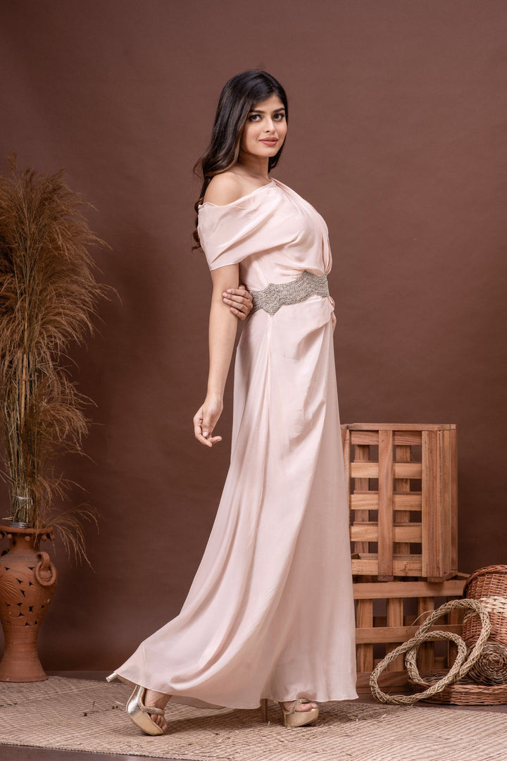 Champagne Pink Drop Shoulder Habutai Silk Hand Embroidered Gown
