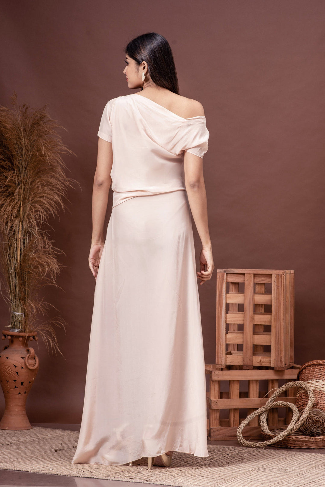 Champagne Pink Drop Shoulder Habutai Silk Hand Embroidered Gown