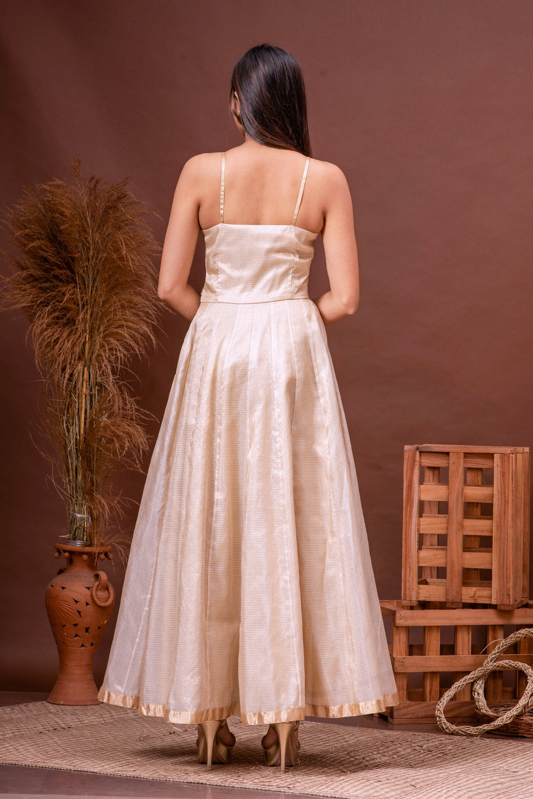 Beige Zari Kota Doriya Embroidered Gown