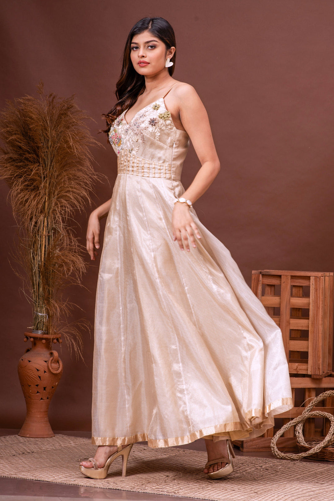 Beige Zari Kota Doriya Embroidered Gown
