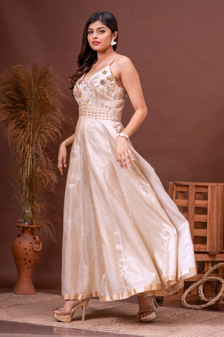 Beige Zari Kota Doriya Embroidered Gown