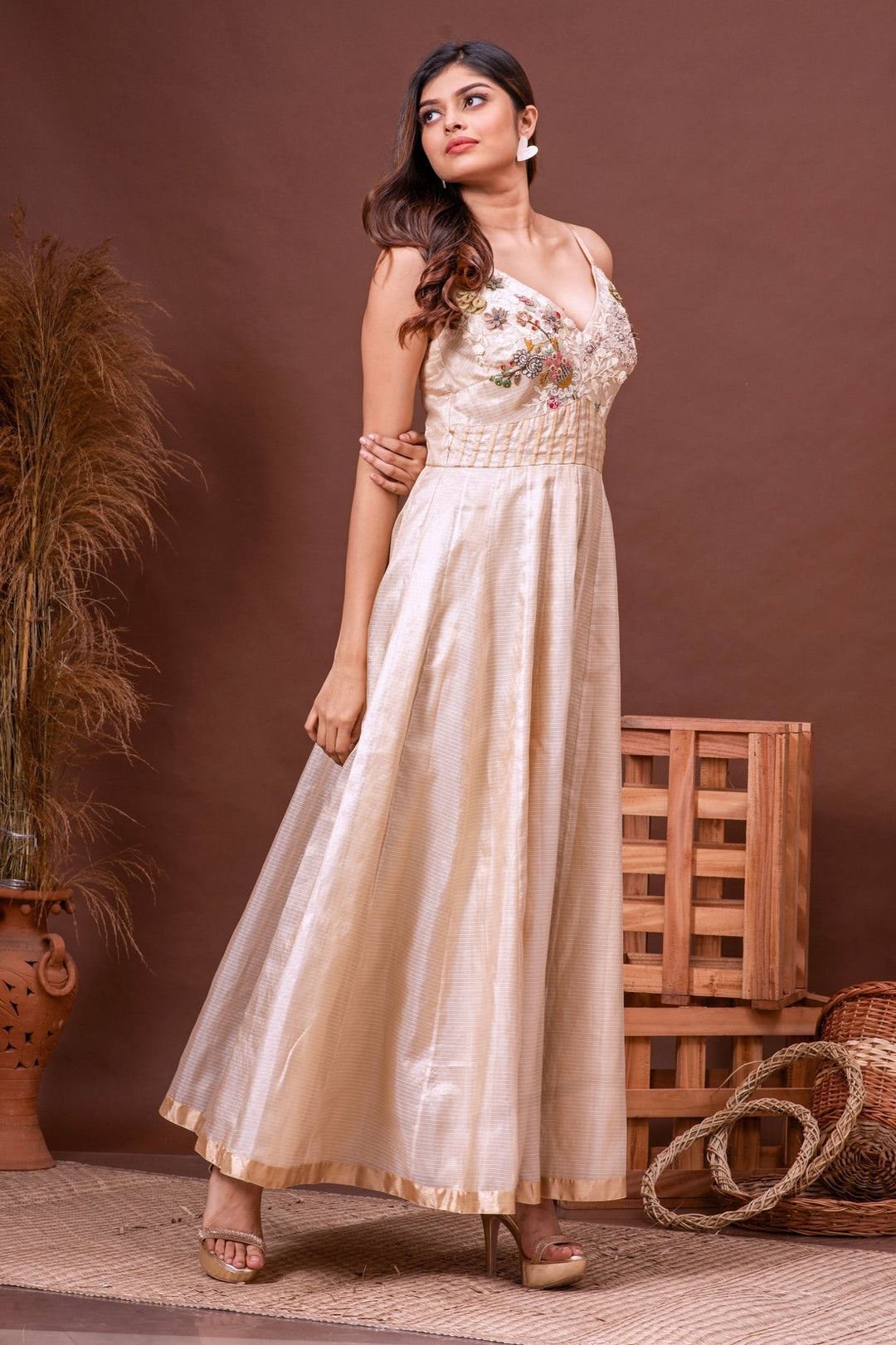 Beige Zari Kota Doriya Embroidered Gown