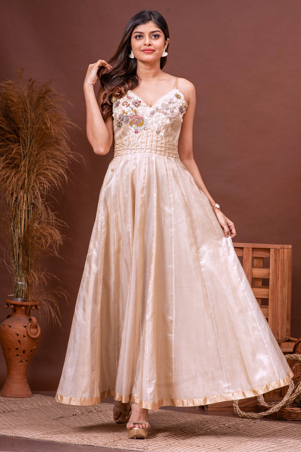 Beige Zari Kota Doriya Embroidered Gown