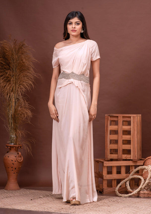 Champagne Pink Drop Shoulder Habutai Silk Hand Embroidered Gown
