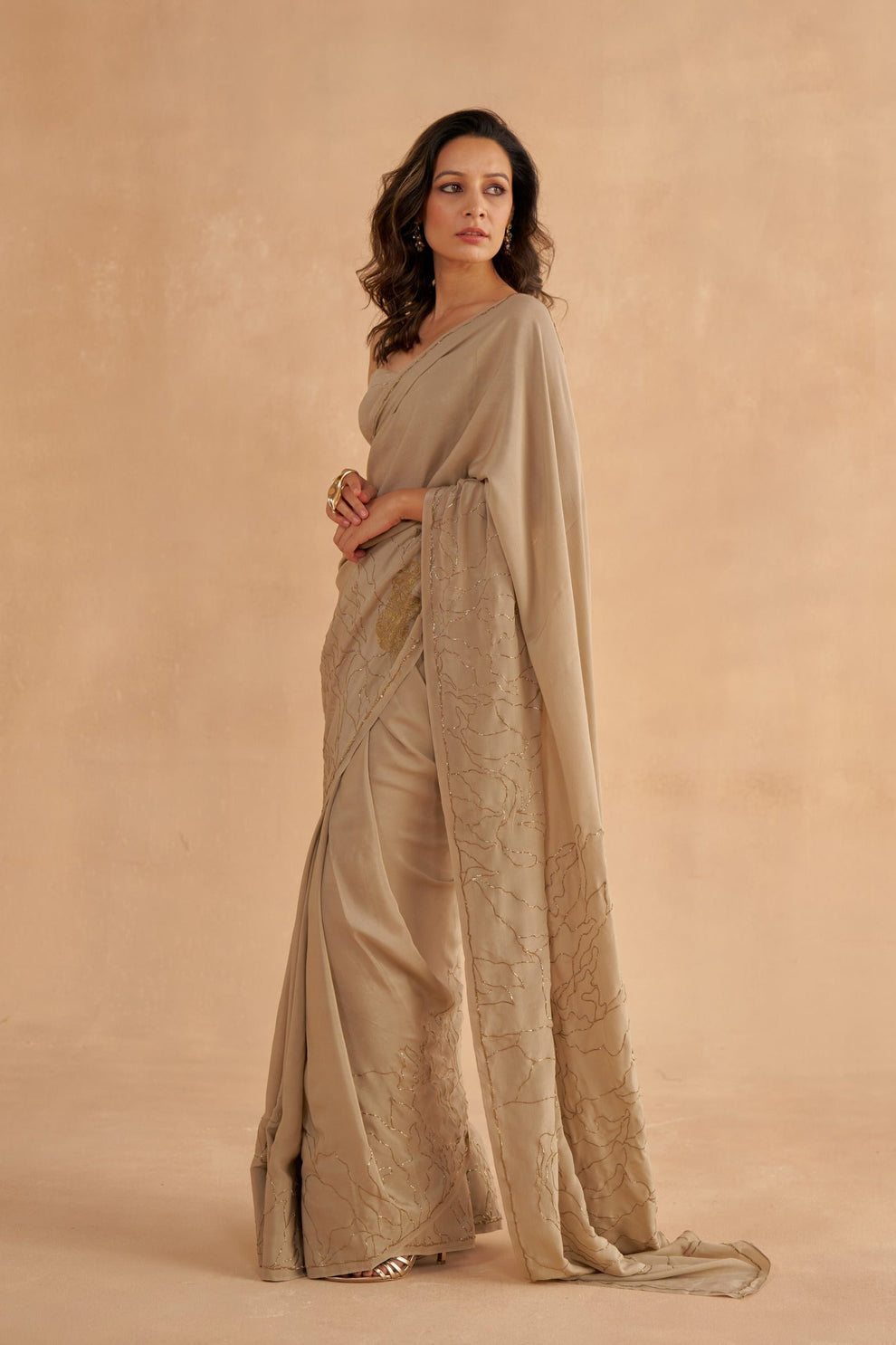 Warm Grey Crepe Silk Saree with Zardozi Embroidery