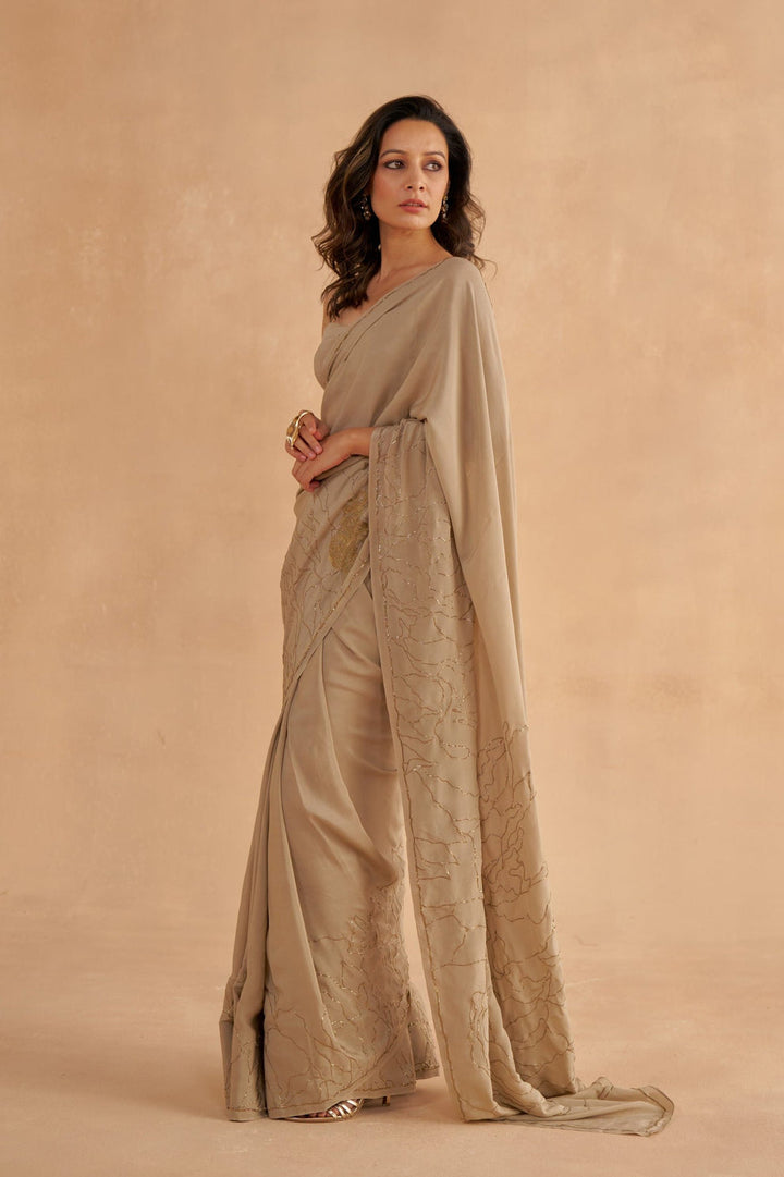 Warm Grey Crepe Silk Saree with Zardozi Embroidery