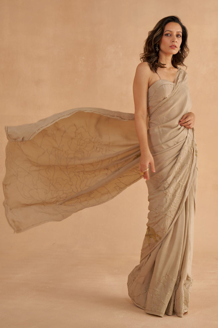 Warm Grey Crepe Silk Saree with Zardozi Embroidery
