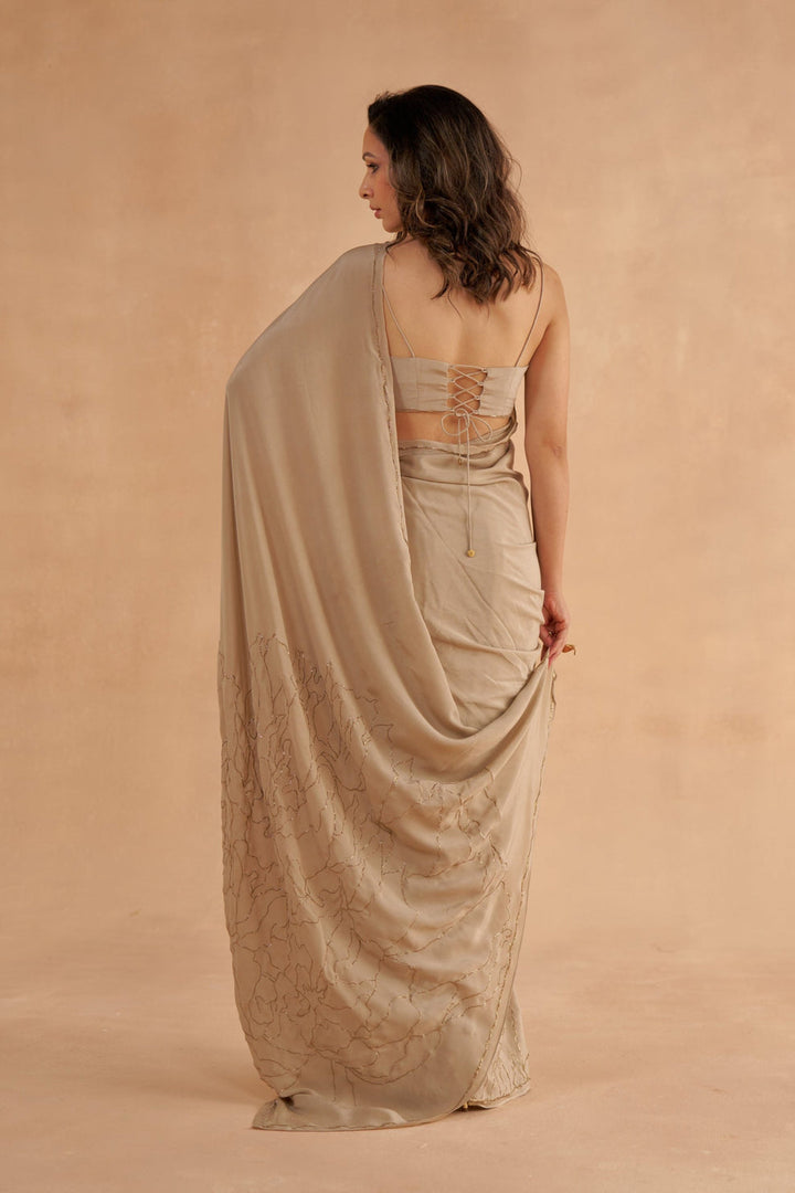 Warm Grey Crepe Silk Saree with Zardozi Embroidery