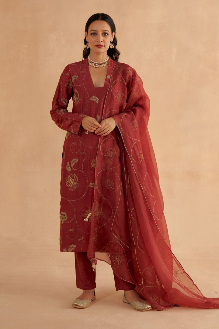 Mahogany Red Fine Silk Zardozi Embroidered Kurta