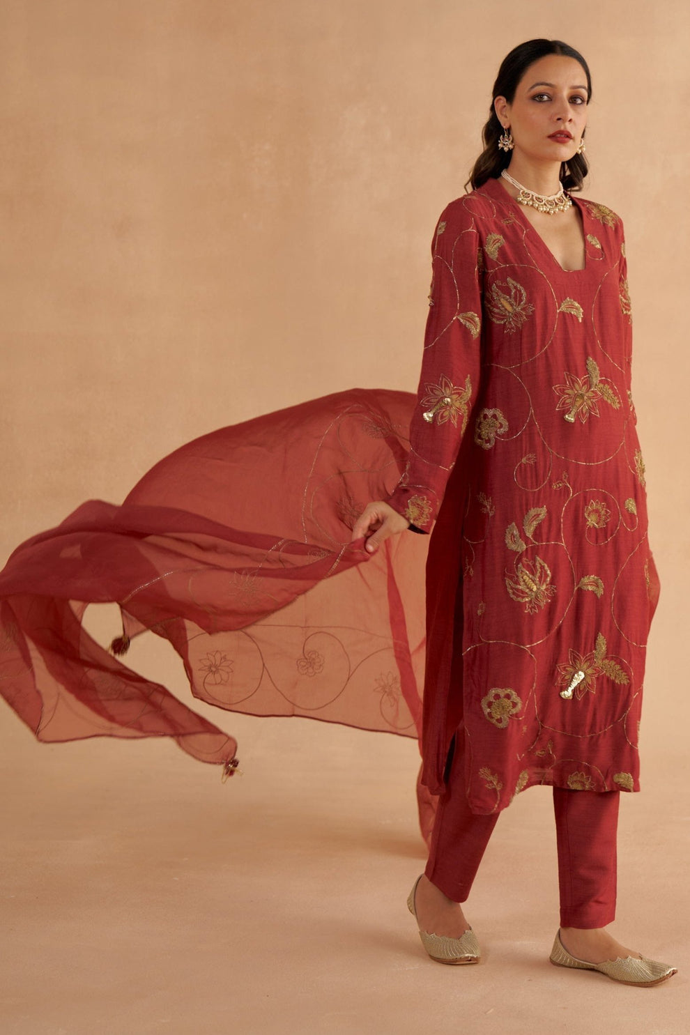 Mahogany Red Fine Silk Zardozi Embroidered Kurta