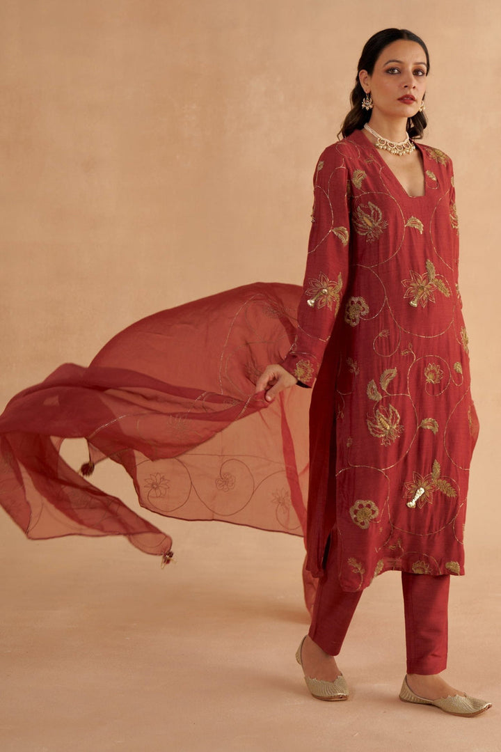 Mahogany Red Fine Silk Zardozi Embroidered Kurta