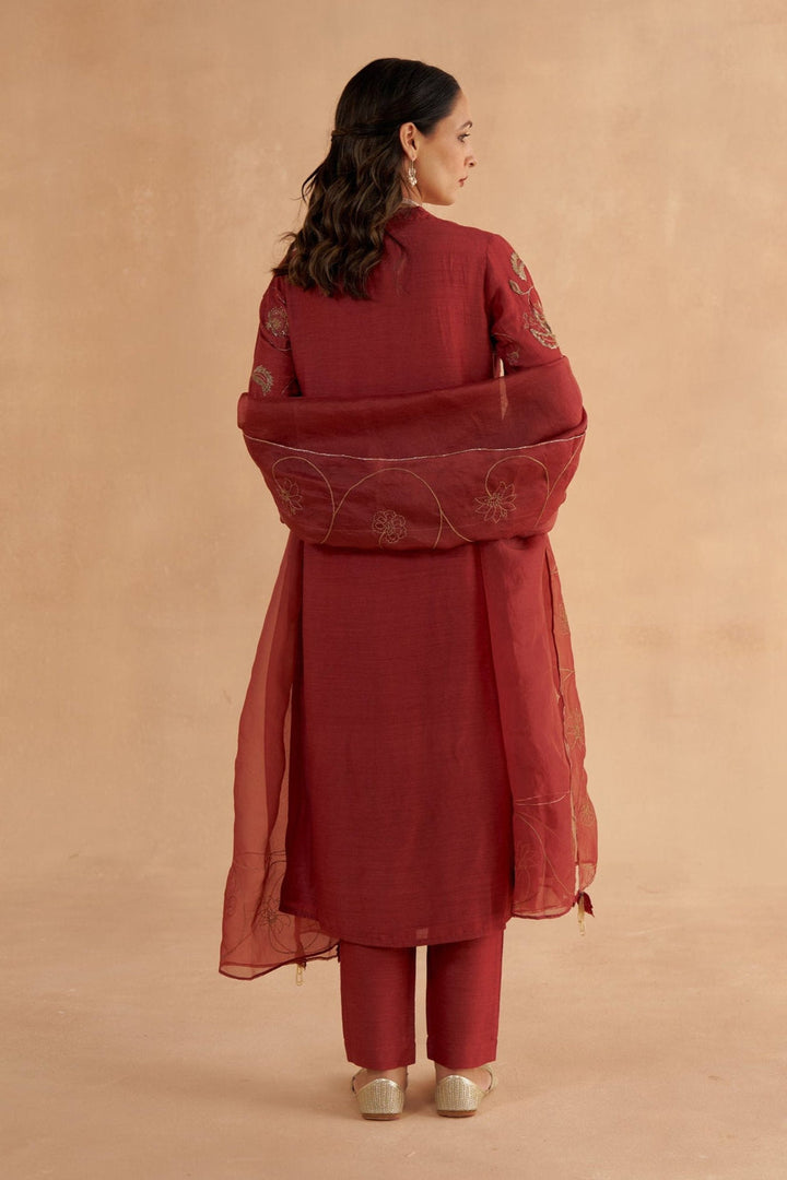 Mahogany Red Fine Silk Zardozi Embroidered Kurta