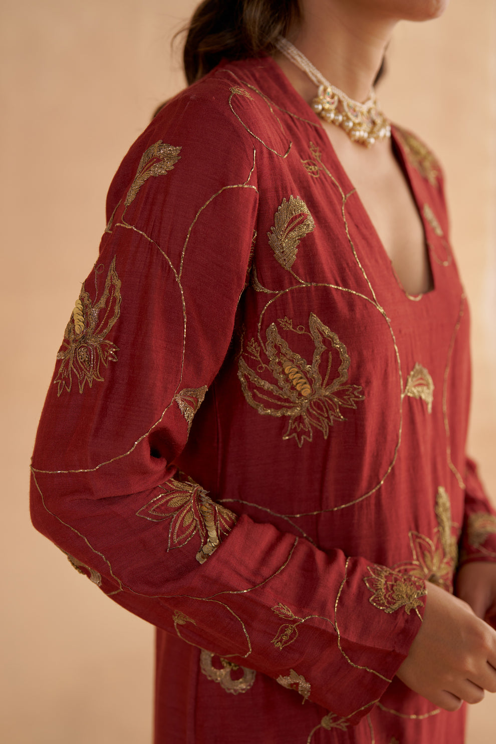 Mahogany Red Fine Silk Zardozi Embroidered Kurta