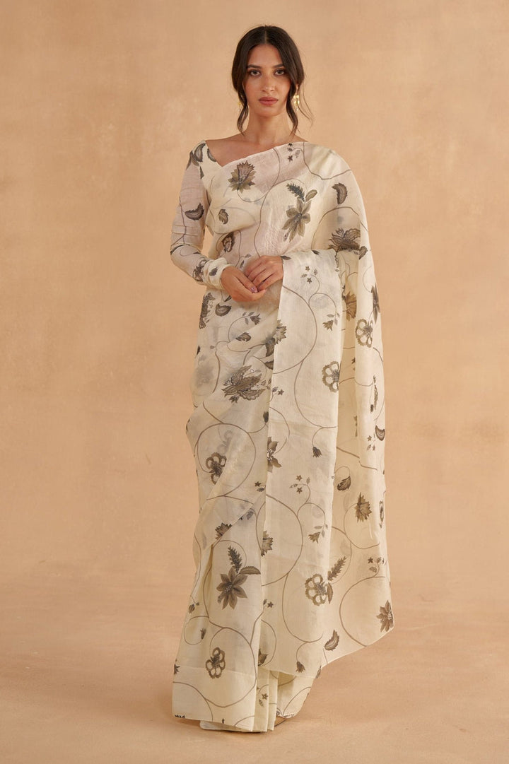 Vintage Ivory Tussar Saree with Chintz Print
