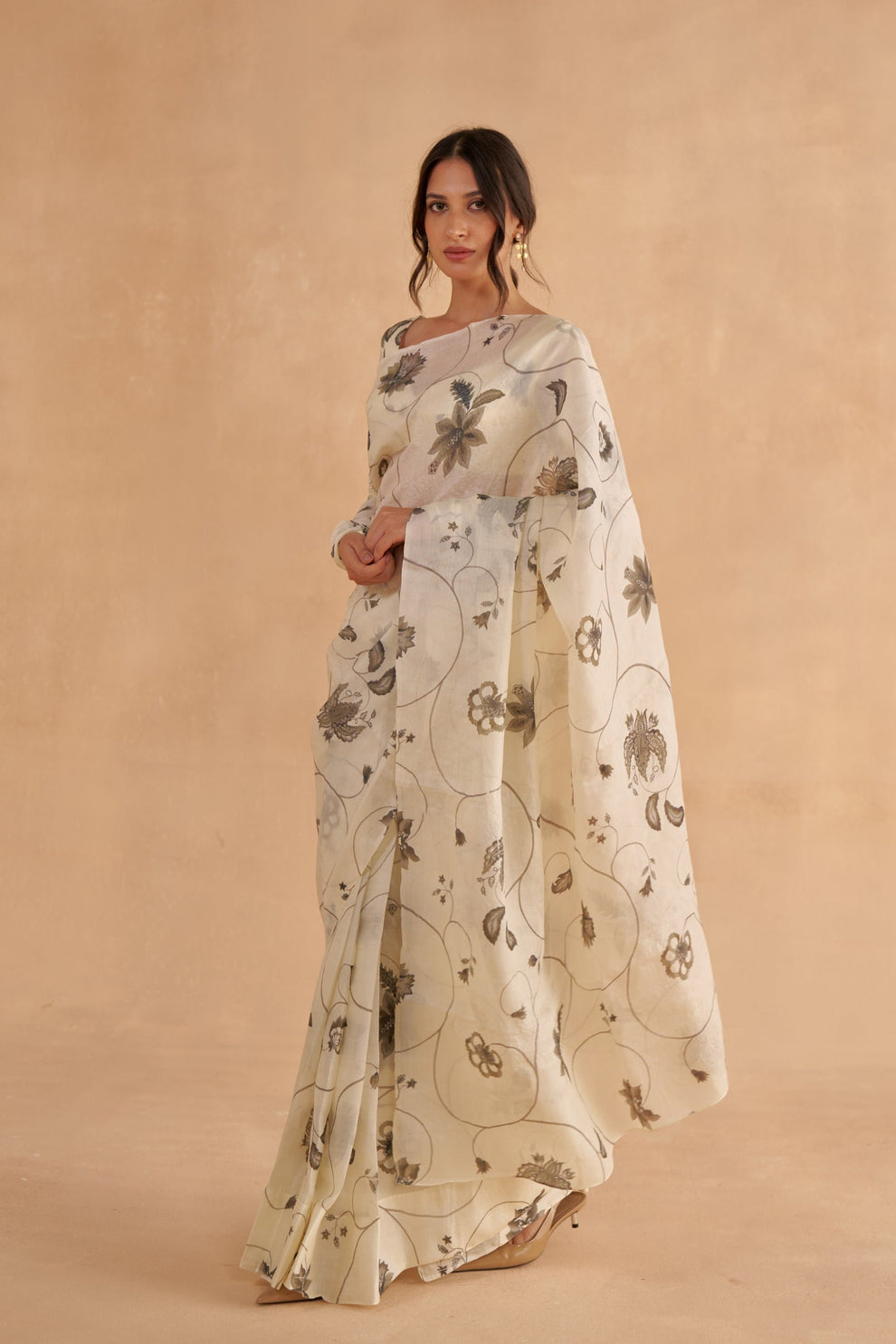 Vintage Ivory Tussar Saree with Chintz Print
